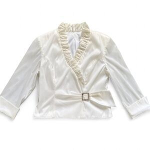Xscape by Joanna Chen White Faux Wrap Ruffle Blouse w/ Rhinestone Buckle 8